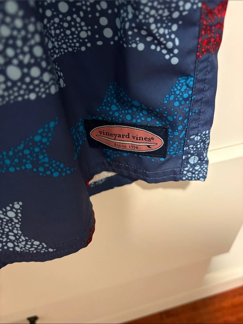 Vineyard Vines Navy Shark-Print Board Shorts with Red & Light Blue Accents